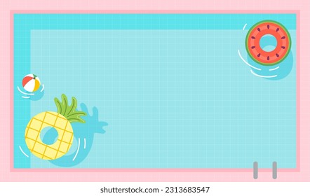 Summer Pool background vector illustration. Top view of swimming pool with fruit pool floats
