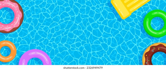 Summer pool banner with copy space. Frame of colorful inflatable circles and mattress floating on the water surface. Vector illustration in flat style