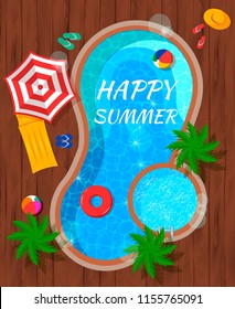 Summer pool with beach accessories and palm trees top view flat composition on wooden background vector illustration