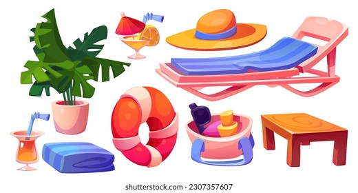 Summer pool beach cartoon lounger png object set. Hat, towel, plant and sunbed collection for sea vacation icon. Patio furniture with inflatable swimming circle for relax and rest in water on poolside