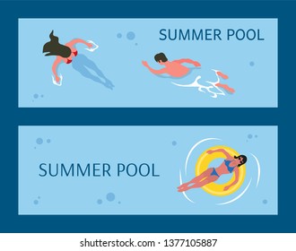 Summer pool in blue color, woman sunbathing on rubber circle, swimming male and female in water, full length view of relaxing people in swimsuit vector