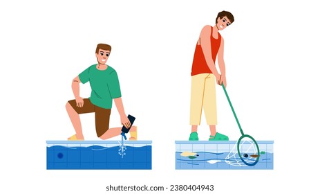 summer pool cleaning vector. blue clean, service water, clear maintenance summer pool cleaning character. people flat cartoon illustration