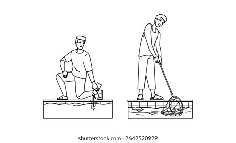 summer pool cleaning vector. blue clean, service water, clear maintenance summer pool cleaning character. people black line pencil drawing illustration