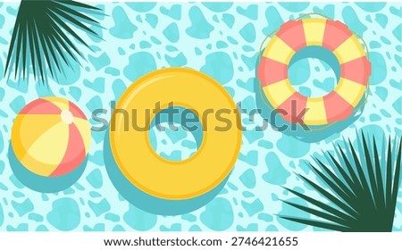 Summer Pool Float Background Vector Illustration – Top View Swimming Pool with Inflatable Ring, Beach Ball and Lifebuoy