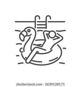 Summer pool float icon. Thin line editable stroke illustration for vacation, leisure, relaxation, inflatable flamingo, swimming and sunny holidays