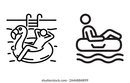 Summer pool float icon. Thin line editable stroke illustration for vacation, leisure, relaxation, inflatable flamingo, swimming and sunny holidays. Vector illustration eps file.