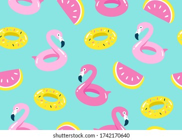 Summer pool floating with flamingo. Seamless pattern. Vector illustration.