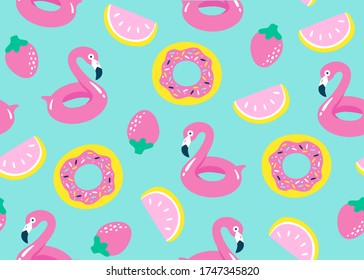 Summer pool floating with flamingo. Seamless pattern. Vector illustration.