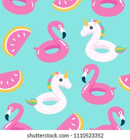 Summer pool floating with flamingo and unicorn. Seamless pattern. Vector illustration.
