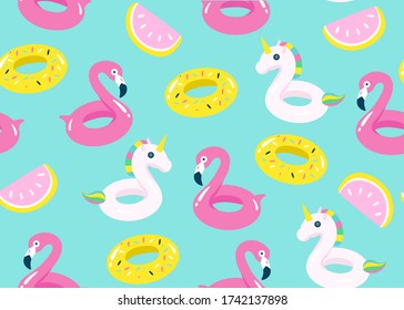 Summer pool floating with flamingo and unicorn. Seamless pattern. Vector illustration.