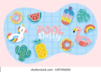 Summer pool floats cute background. Childish print for cards, stickers and party invitation