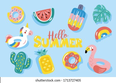 Summer pool floats cute set. Childish print for cards, stickers and party invitation