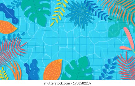 Summer pool with floral tropical exotic plants. Abstract seasonal background design for advertising and sales, summer party, promotional content.