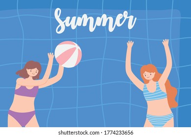 summer pool with girls and inflatable, playing ball vector illustration
