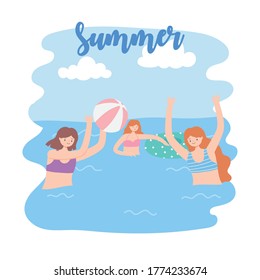 summer pool with girls and inflatable, playing ball vector illustration