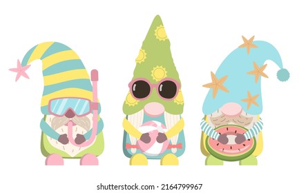 Summer pool gnomes with swim mask, ball, rubber ring. Cartoon vector illustration. Isolated on white background. Design for pool party invitation, card, and banner.