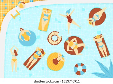 Summer pool illustration, people swimming on rubber ring and beach raft