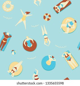 Summer pool illustration, people swimming on rubber ring and beach raft