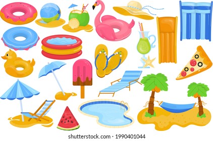 Summer pool, isolated on white collection, vector illustration. Rubber ring, mattress, lounger, hammock element set for swim. Flat hat, umbrella