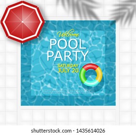 Summer pool and life ring Vector realistic. Commercial banner sale template. 3d detailed water background