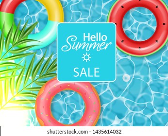 Summer pool and life ring Vector realistic. Commercial banner sale template. 3d detailed water background