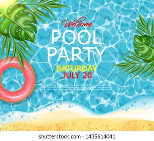 Summer pool and life ring Vector realistic. Commercial banner sale template. 3d detailed water background