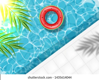 Summer pool and life ring Vector realistic. Commercial banner sale template. 3d detailed water background