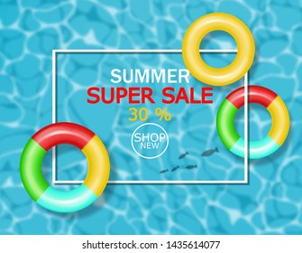 Summer pool and life ring Vector realistic. Commercial banner sale template. 3d detailed water background