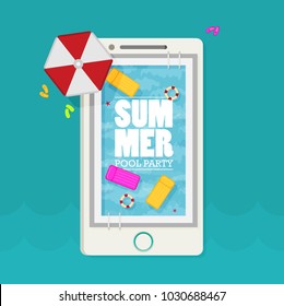 Summer pool. Mobile phone. Flat Design Style.