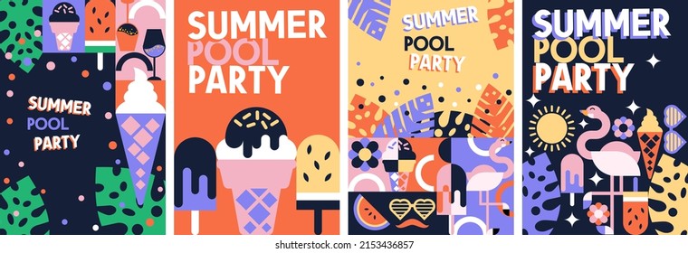 Summer pool party background, book cover template. Poster, flyer geometric shape vector illustration