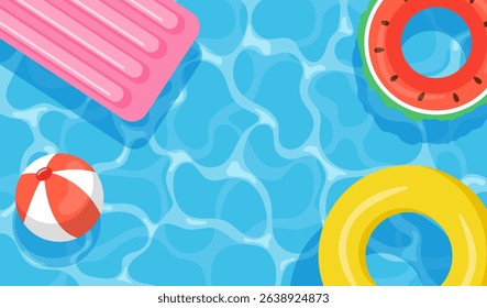 Summer pool party background. Inflatable toys, mattress and water surface. Flat vector illustration