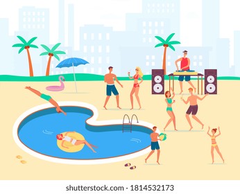 Summer pool party background with people near swimming pool relaxing and dancing to music of DJ, flat vector illustration. Fun with cocktails, music and water recreation.