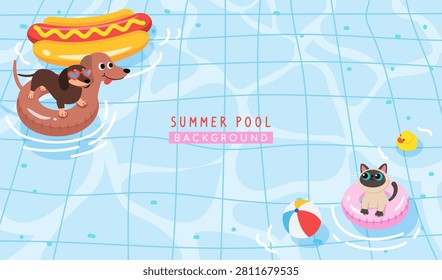 Summer Pool Party background vector illustration. Top view of swimming pool with cute pool floats and pets.
