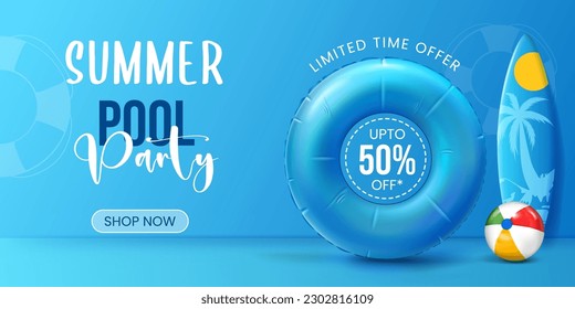 summer pool party banner design with vector swiming ring, surfboard and ball