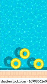 Summer pool party banner with space for text. Yellow pool float, ring floating in a refreshing blue swimming pool. Colorful vector poster template for summer holiday. Hello summer web banner