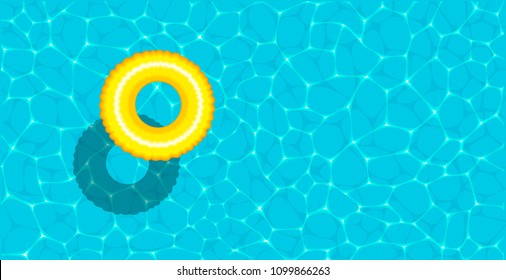 Summer pool party banner with space for text. Yellow pool float, ring floating in a refreshing blue swimming pool. Colorful vector poster template for summer holiday. Hello summer web banner