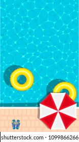 Summer pool party banner with space for text. Yellow pool float, sun umbrella and flip flops. Ring floating in a refreshing blue swimming pool. Colorful poster for summer holiday. Hello summer banner