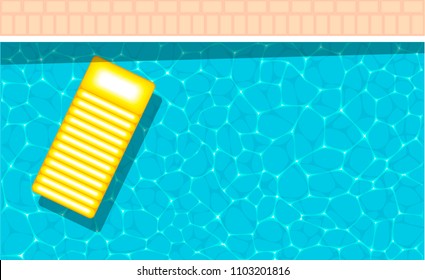 Summer pool party banner with space for text. Yellow inflatable mattress floating in a refreshing blue swimming pool. Colorful vector poster template for summer holiday. 