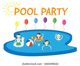 Summer pool party banner with white background and colorful balloons 