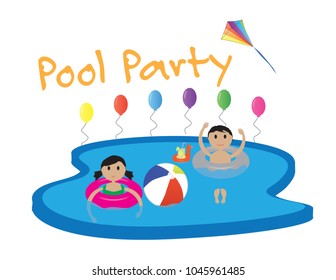 Summer pool party banner with white background, balloons and colorful kite