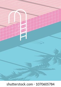 Summer pool party blank invitation poster, flyer vector template with vintage swimming pool background and steps ladder. Eps10 vector illustration.