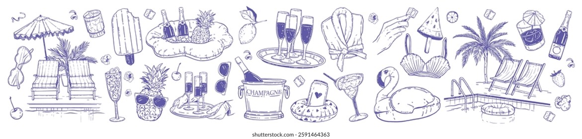 Summer pool party doodle set, vector hand drawn bachelorette cocktail celebration line illustration. Water swimming rubber ring, sparkling champagne glass, holiday vacation rest. Pool party beverages