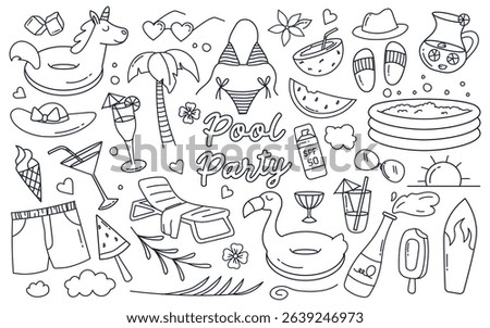 Summer pool party doodle tropical resort set with vacation accessories, palm tree leaves, cocktail glasses, swimsuits, beach paradise supplies vector illustration. Holiday rest and recreation