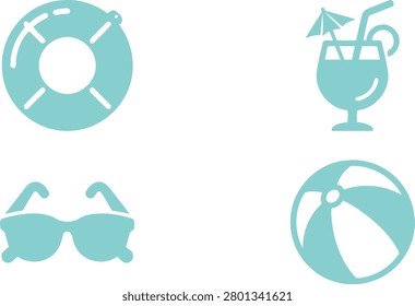 Summer pool party essentials featuring a float, cocktail, sunglasses, and beach ball