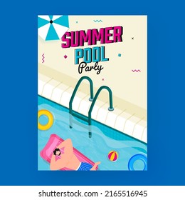 Sommerpool-Party-Flyer-Design mit Top-Blick auf die Schwimmermännchen bei aufblasbarem Bett am Pool.