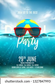 Summer pool party flyer template. Vector illustration with underwater ocean scene with seashells and waves. Background with realistic clouds and marine horizon. Invitation to nightclub.