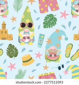 Summer pool party gnomes seamless pattern with summer clothes, sunscreen, sea stars, and tropical leaves. Cartoon vector illustration on blue background.