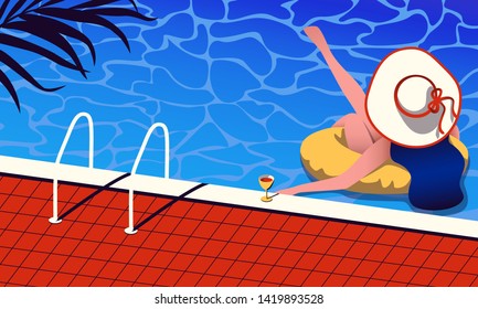 Summer pool party illustration.Woman in a big hat swimming in the pool