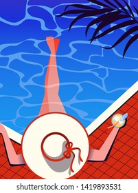 Summer pool party illustration.Woman in a big hat swimming in the pool