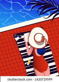 Summer pool party illustration.Woman in a big hat resting near pool